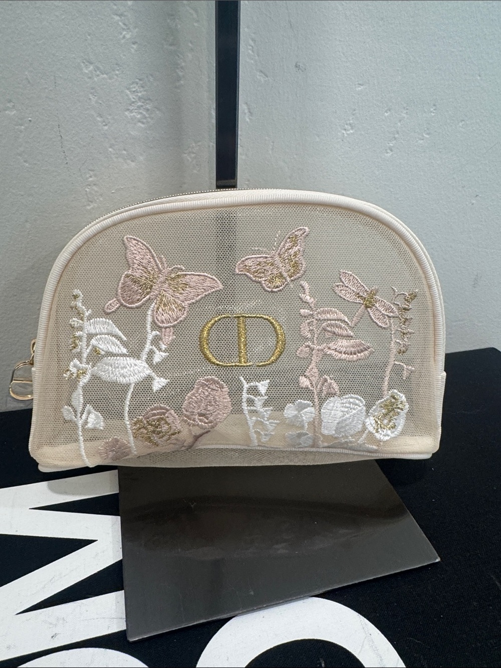 Dior Beige Embroidered Butterfly Cosmetic Case with Gold CD Logo GWP